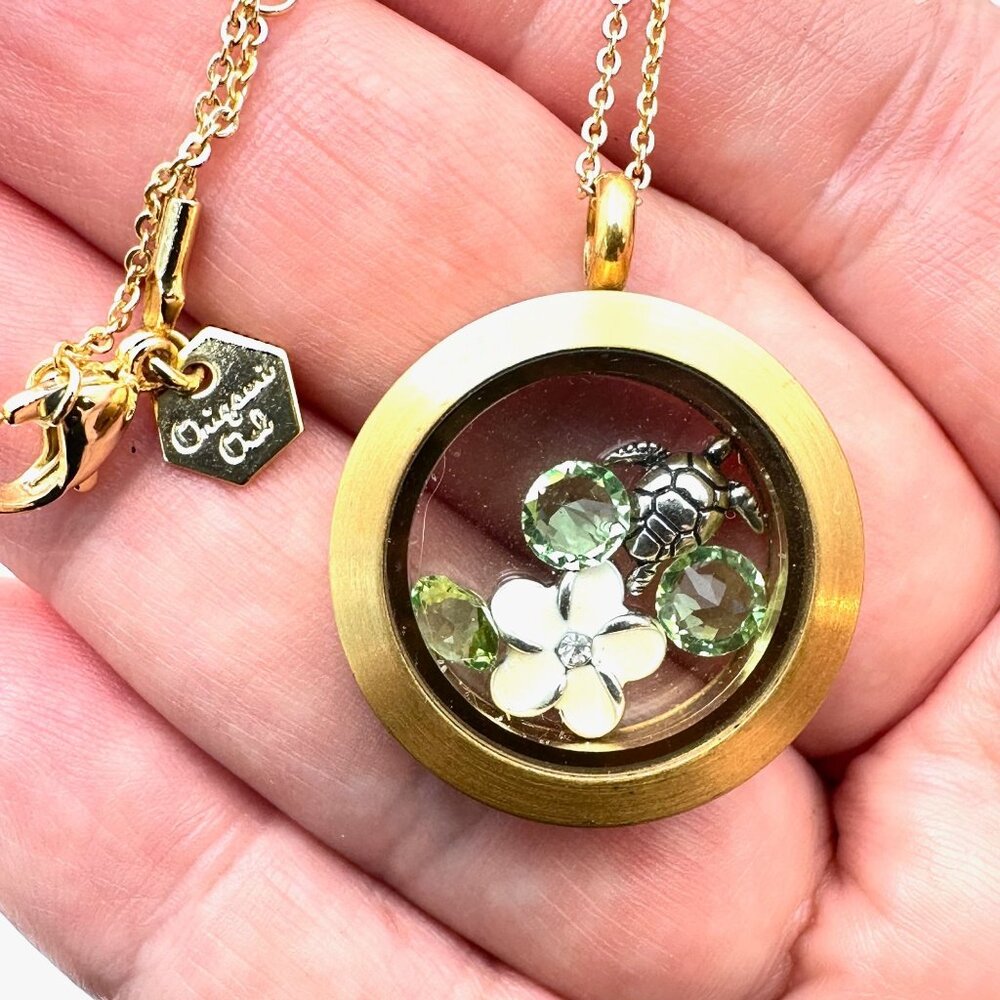Orgami Owl Pendant Necklace Charms Green Crystal Flower Turtle 16 Inch Chain